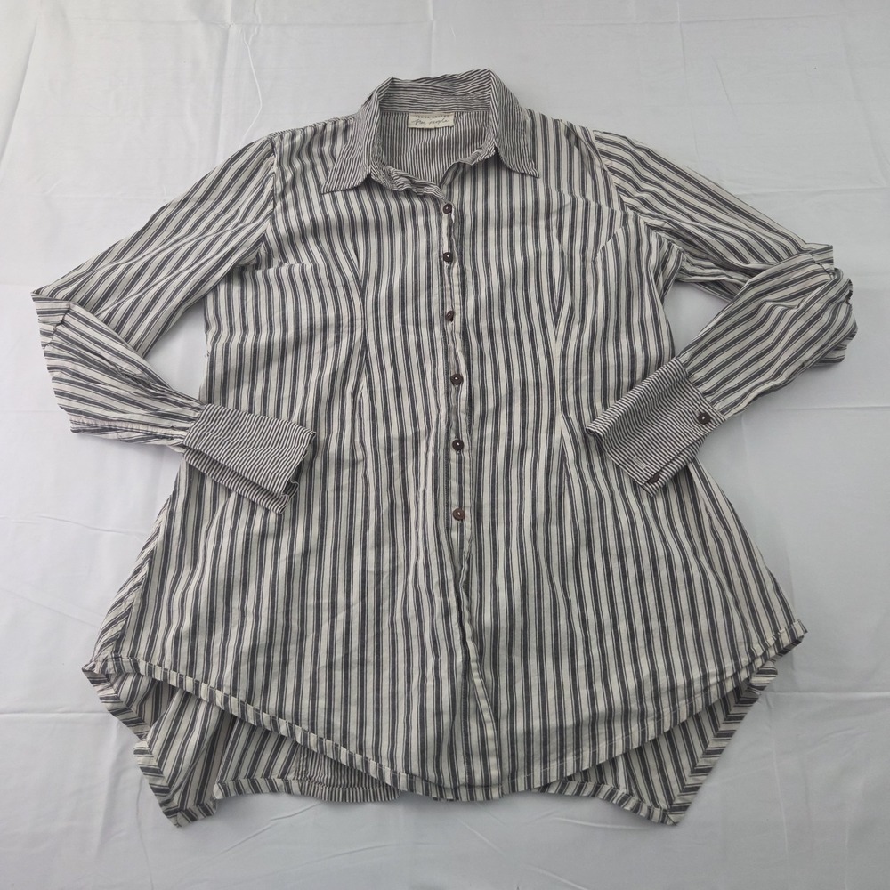 Free People x Brenda Knight Shirt Womens Large Gray Striped Button Up Boho Chic